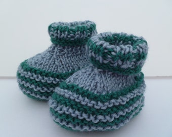 Knitted Baby Booties, Green and Gray Stripes (3-6 Months)
