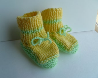 Baby Shower Booties Knitted  Soft Handmade Pastel Green Yellow Boy or Girl 3-6 Months Ready to Ship