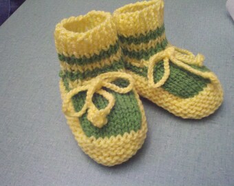 Knitted Baby Booties: Yellow & Green, 3-6 Months