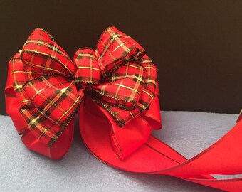 Christmas Tree Topper bow Red Plaid Gold Strip Black Medium Xmas Bow Wall Decor