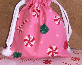 Cotton Candy Christmas Drawstring Set of 4 Gift Bags Pink Reusable Fabric Large Small