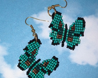 Beaded Butterfly Dangle Earrings: Czech TOHO Glass, Turquoise & Black