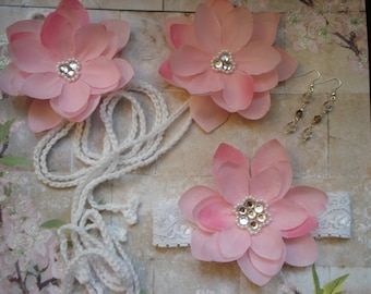 Bridal 3 Piece Set:  Pink Petal Lotus Flower with Silver Rhinestones, Pearls Barefoot String Sandals and Garter Dangle Earrings