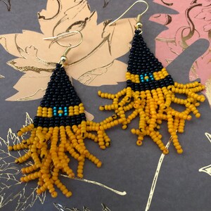 Beaded Earrings Hat Black Orange Halloween Turquoise Czech Glass Handmade Gift for Her Fringe Style Ready to Ship!