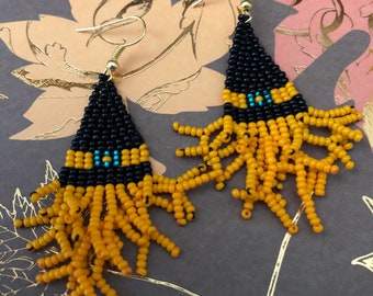 Witch Hat Earrings: Black, Orange, Turquoise Czech Glass