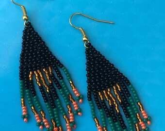 Czech Glass Beaded Earrings: Black, Green & Orange Fringe
