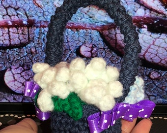 Flower Basket Pincoushion: Lavender Navy Blue White Gift Crochet Macramé