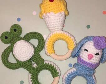 Baby Rattle: Handmade Animal Toy with Wooden Ring