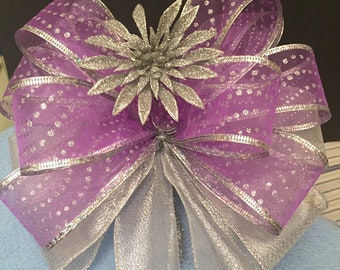 Christmas Tree Topper Bow Silver Poinsettia Lavender Purple Wall Wreath Decor