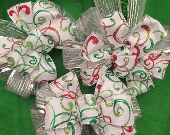 Christmas Bow Set of 3, Swirl Sheer Ribbon, Holiday Decor