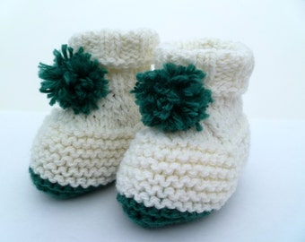 Knitted Baby Booties: Green & White Pom Pom, 6-9 Months