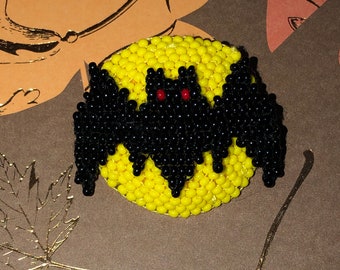 Bat Brooch, Beaded Czech Glass Halloween Moon Pin