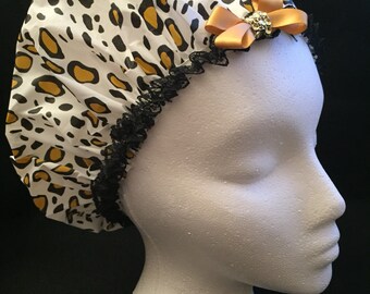 Waterproof Shower Cap: Leopard Print, Black Lace, Gold Bow