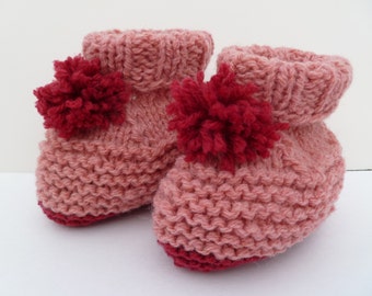 Wool Baby Booties: Pink & Burgundy Pom-Pom, 6-9 Months