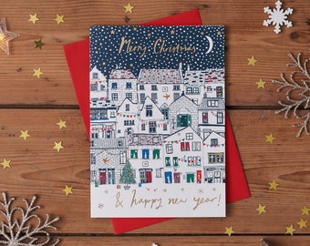 Christmas Card Pack Featuring Snowy Coastal Cottages