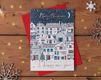 Christmas Card Featuring Snowy Cottages