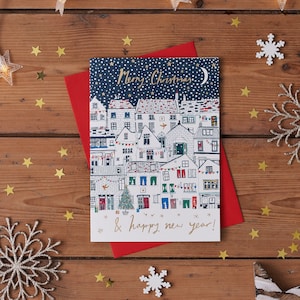 Christmas Card Featuring Snowy Cottages