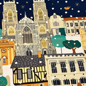 May include: A colorful illustration of a snowy city scene with a large cathedral in the background. The illustration features a variety of buildings, trees, and a red mailbox. The sky is dark blue with white snowflakes.