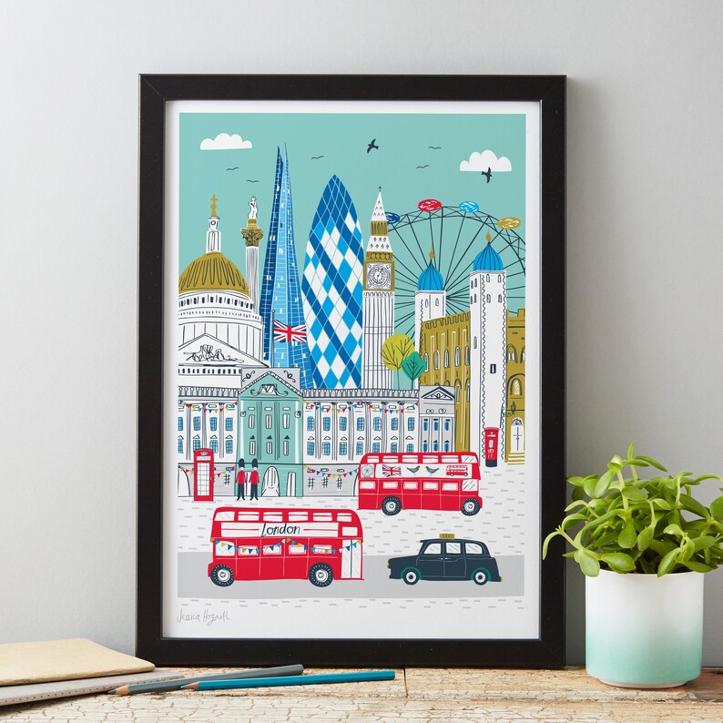 May include: A colorful illustration of London landmarks, including Big Ben, the London Eye, and the Shard. The illustration features red double-decker buses, a black taxi, and the text "London".