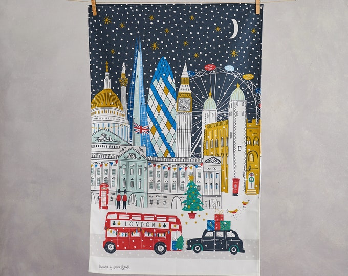 Christmas Themed London Skyline Tea Towel