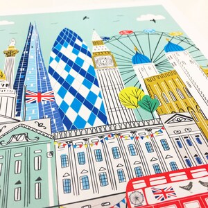 May include: A colorful illustration of London landmarks, including Big Ben, the London Eye, and a double-decker bus. The illustration is done in a whimsical style with bright colors and bold lines.