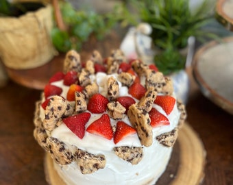 Vegan special edition vanilla strawberry cake with chocolate chip cookies and fresh strawberries  8”!