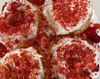 Vegan  Vanilla Strawberry cake with heart donuts   8” dairy free, egg free.