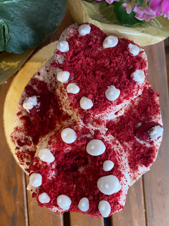 Vegan vanilla coconut raspberry cake 5” with heart donuts on the top 5”