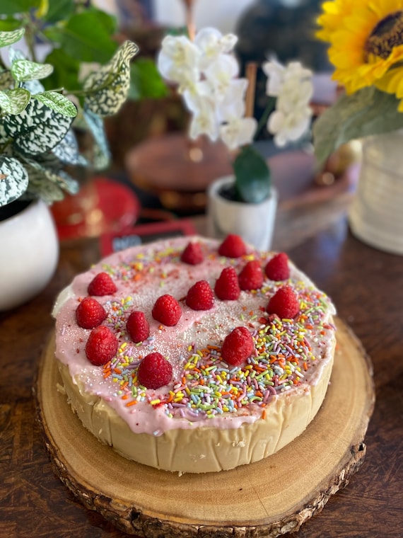 Vegan Gluten Free Vanilla  pink raspberry  rainbow sprinkles cheesecake  8"