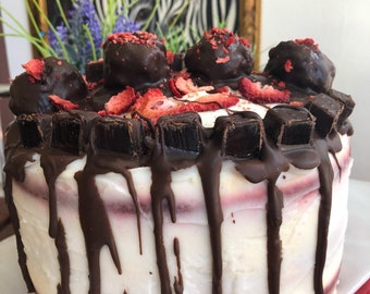 Vegan Red Velvet  Chocolate strawberry birthday cake 8"