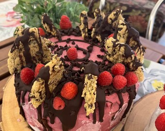 Vegan chocolate vanilla pink raspberry cake with chocolate chip cookies on the top 8'