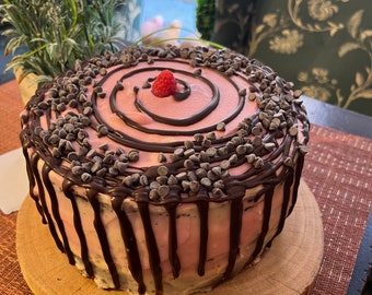 Vegan  chocolate vanilla cream raspberry pink chocolate chip  cake  8”!