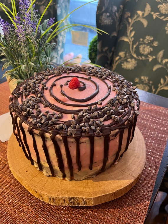 Vegan  chocolate vanilla cream raspberry pink chocolate chip  cake  8”!