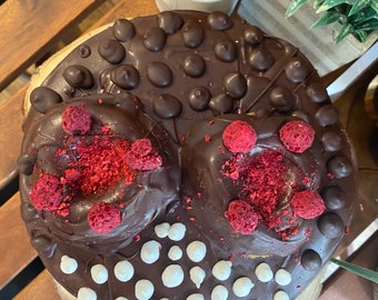 Vegan chocolate vanilla  raspberry cake with donuts  8” dairy free, egg free.