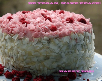 Vegan gluten free Raspberry Dream Vanilla Coconut Cake, love, animal free cruelty,no eggs,no dairy.