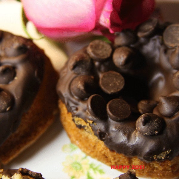 Vegan Gluten free Vanilla  Chocolate Chip donuts,  love, animal free cruelty,no eggs,no dairy.