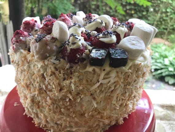8'' Vegan Silly Vanilla Coconut Marshmallow Raspberry birthday cake with vegan chocolate fruit jellies on the top