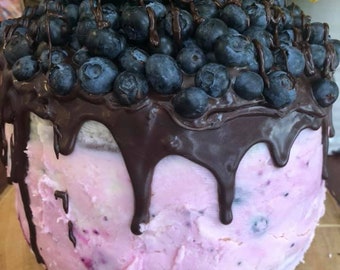 Vegan double vanilla blueberry chocolate cake with fresh blueberries on the top 8”!