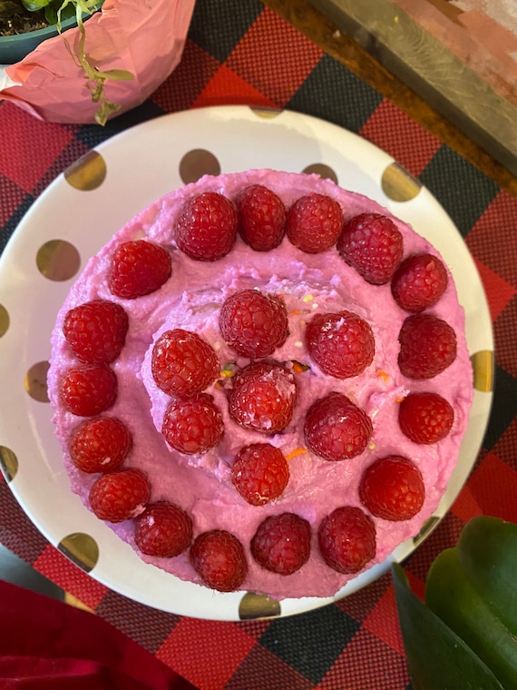 Vegan vanilla pink raspberry cake 6” no eggs, no dairy.