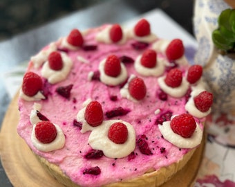 Vegan Gluten Free Vanilla Pink Raspberry cheesecake with fresh raspberries 8"