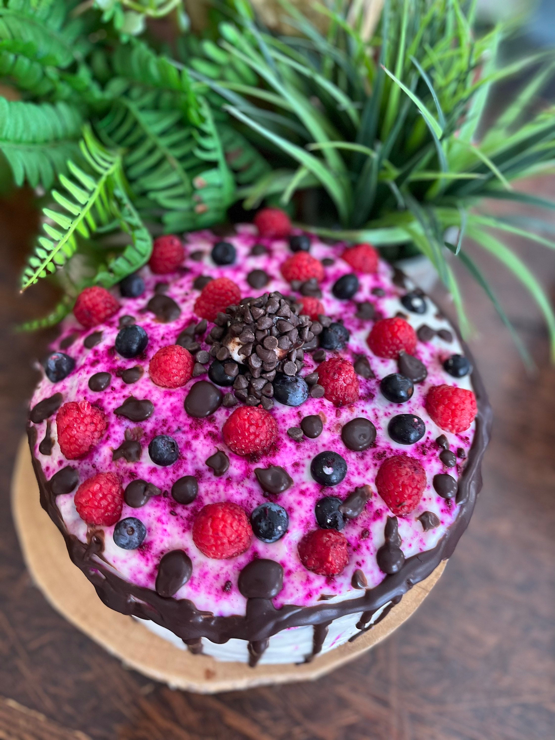 Vegan chocolate vanilla buttercream raspberry chocolate drizzle cake 8”!