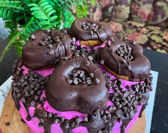 Vegan chocolate vanilla buttercream pink chocolate chip cherry chocolate drizzle cake   With hearts 8”!