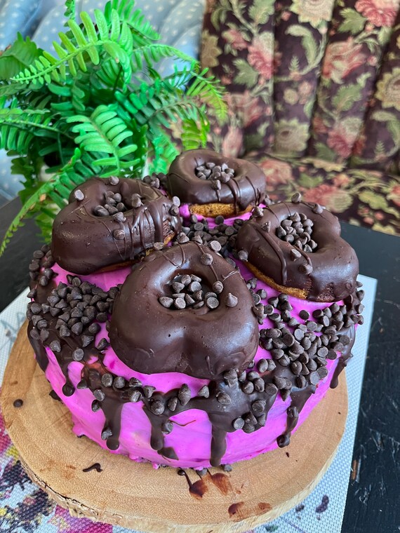 Vegan chocolate vanilla buttercream pink chocolate chip cherry chocolate drizzle cake   With hearts 8”!