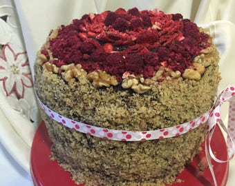 Vegan Vanilla Walnut Raspberry Strawberry cake, love, animal free cruelty,no eggs,no dairy.