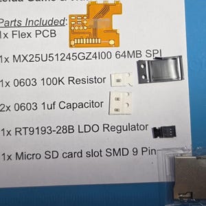 May include: A collection of electronic components, including a Flex PCB, a 64MB SPI chip, resistors, capacitors, an LDO regulator, and a Micro SD card slot. The components are displayed on a white surface with text labels.