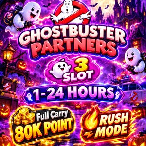 Può includere: Una vivace grafica digitale con il testo GHOSTBUSTER PARTNERS, 3 SLOT, 1-24 HOURS, FULL CARRY 80K POINT e RUSH MODE. Il design include fantasmi, zucche di Halloween, una casa stregata e monete d'oro su uno sfondo di colore viola.
