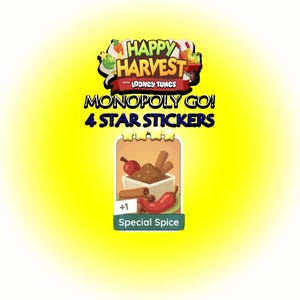 Puede incluir: Una pegatina de juego digital para Monopoly Go! titulada Happy Harvest with Looney Tunes. El gráfico presenta una pegatina de 4 estrellas Special Spice que muestra un cuenco de especias marrones, un chile rojo y una manzana roja sobre un fondo amarillo.