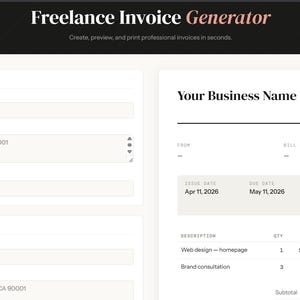 Pode incluir: Um modelo de fatura digital com o texto "Freelance Invoice Generator". O modelo inclui campos para detalhes da empresa, informações do cliente e especificações da fatura. A fatura exibe um exemplo com datas e valores.