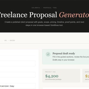 Peut inclure: Une interface numérique pour un générateur de propositions freelance avec un en-tête sombre et du texte blanc et pêche. Le formulaire contient des champs pour le nom du client Acme Studio, le contact Maya Chen et le titre du projet.