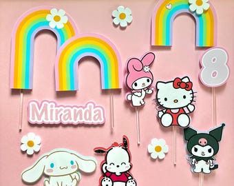 Kawaii Rainbow Cake Topper | Personalized Name, Age Birthday Decor, Pastel Characters